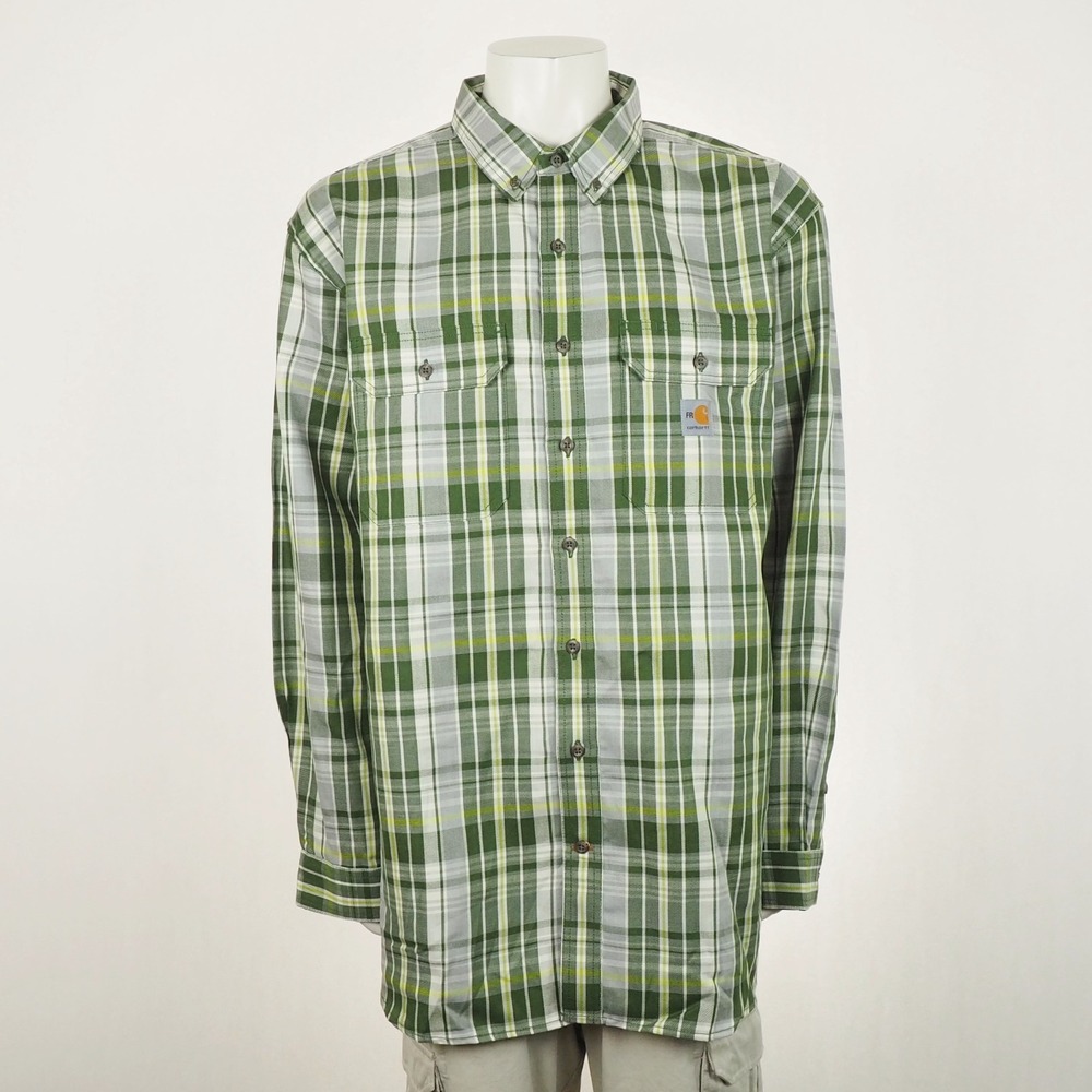 New Carhartt FR Flame Resistant Button Down Shirt Mens 2XL XXL Green Plaid Twill